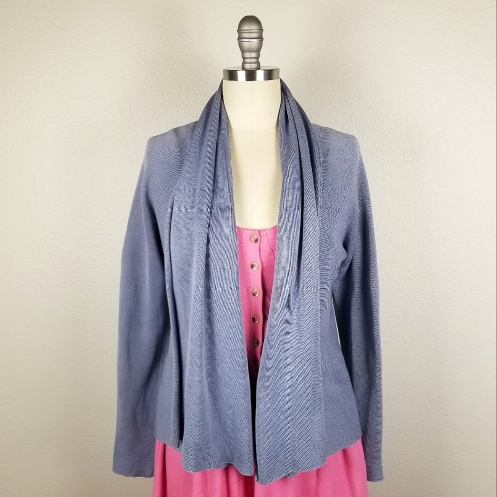 Eileen Fisher Silk Blend Knit Blue Grey Open Front Cardigan Size Medium Petite